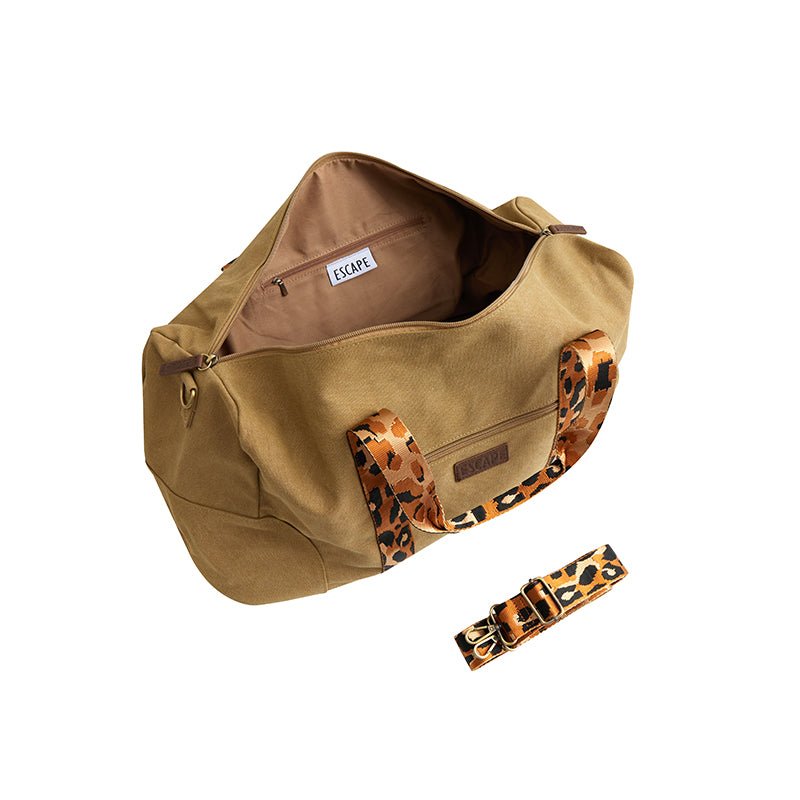 Escape Classic Canvas BAGE038BR Weekender Bag With Animal Print Straps – Light Brown - KaryKase