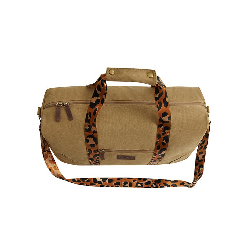 Escape Classic Canvas BAGE038BR Weekender Bag With Animal Print Straps – Light Brown - KaryKase