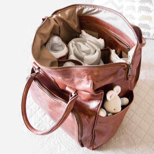 brown leather baby backpack Mally Bambino Leather Baby Backpack