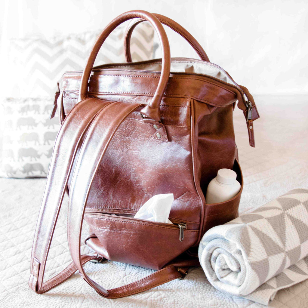 brown leather baby backpack Mally Bambino Leather Baby Backpack