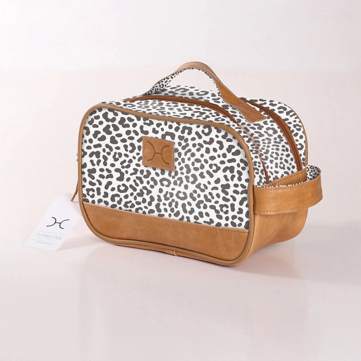 Thandana Laminated Fabric Vanity Bag | Cheetah White - KaryKase