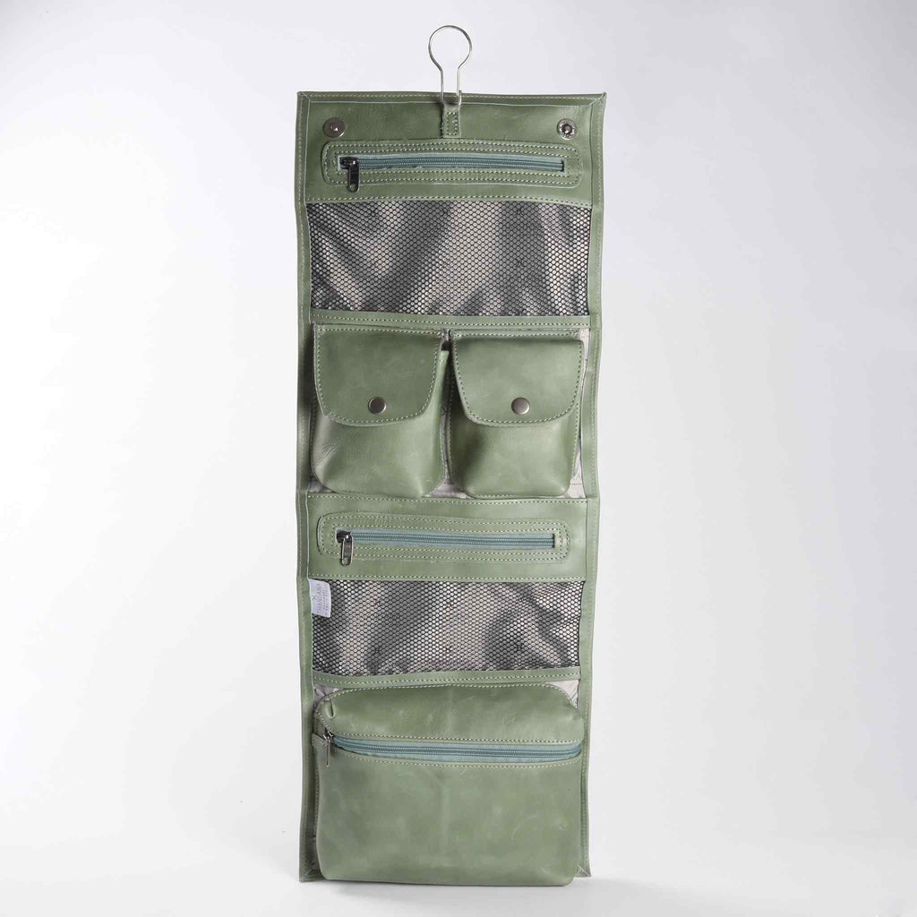 Thandana Roll Up Leather Toiletry Bag With Hook | Green - KaryKase
