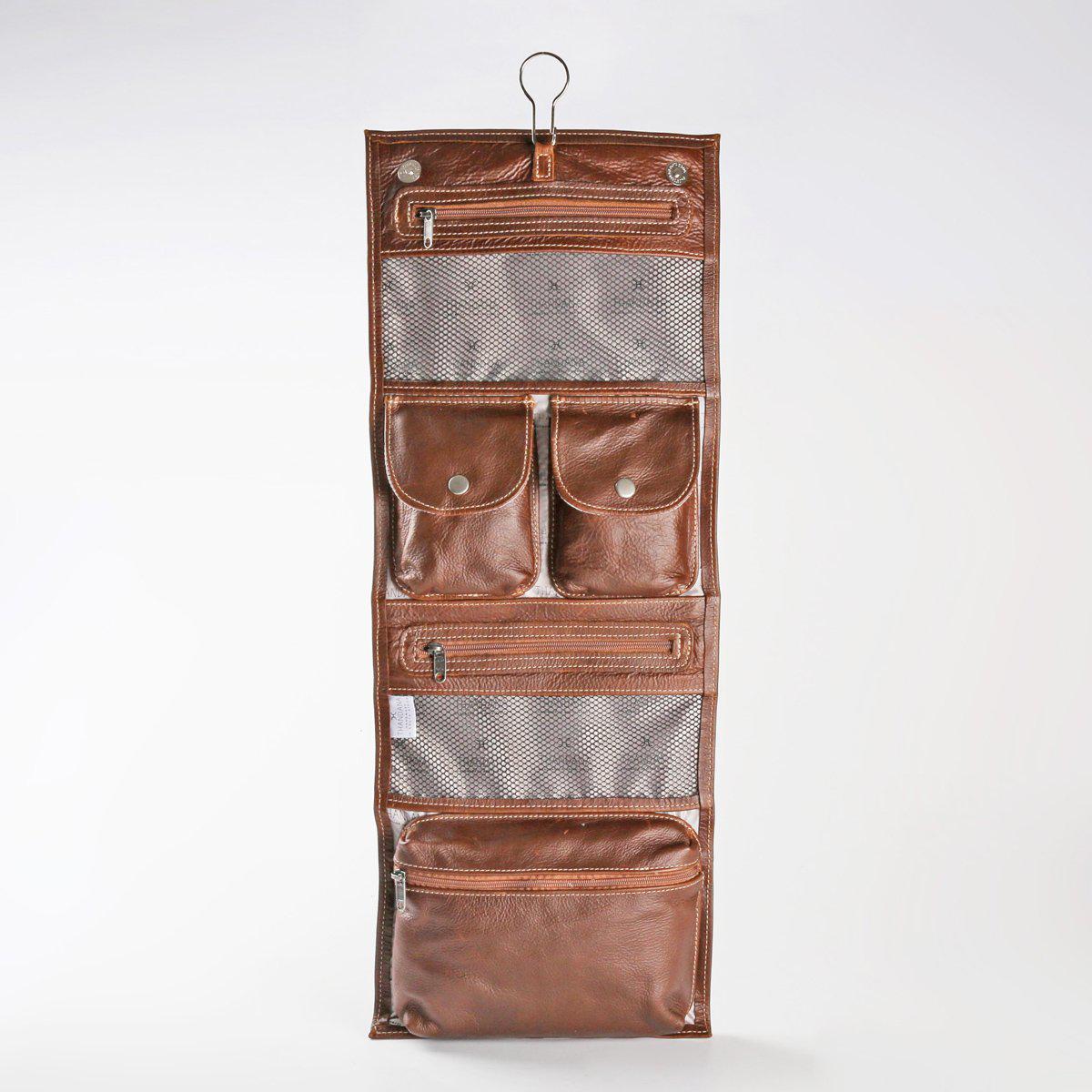 Thandana Roll Up Leather Toiletry Bag With Hook | Tobacco - KaryKase