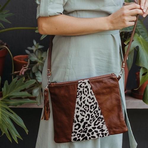 Thandana Crossover Animal Print Leather Handbag | Tobacco Cheetah Print - KaryKase