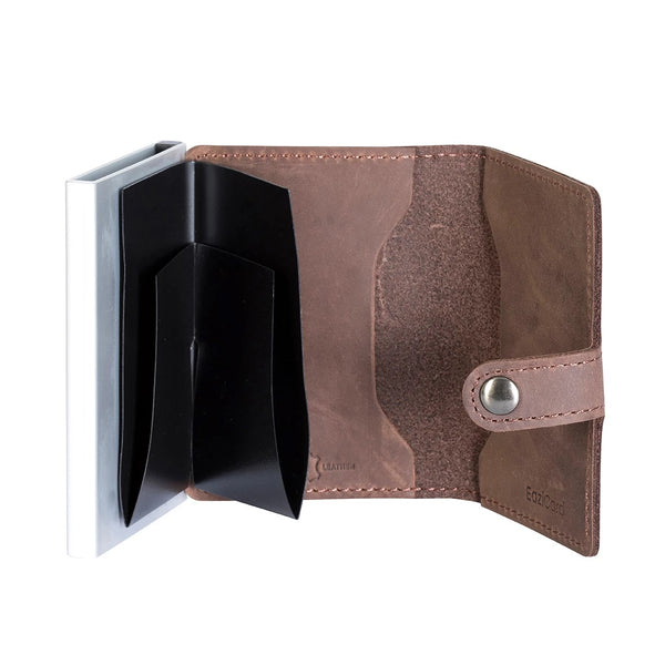 EaziCard Genuine Leather Saddle RFID Wallet | Dark Brown/Silver - KaryKase