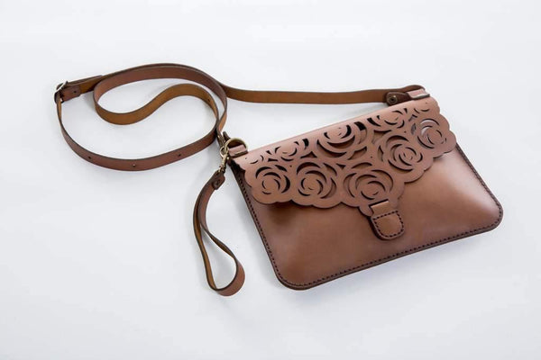 Yuppie Gift Baskets Flower Design Leather Clutch Handbag | Brown - KaryKase